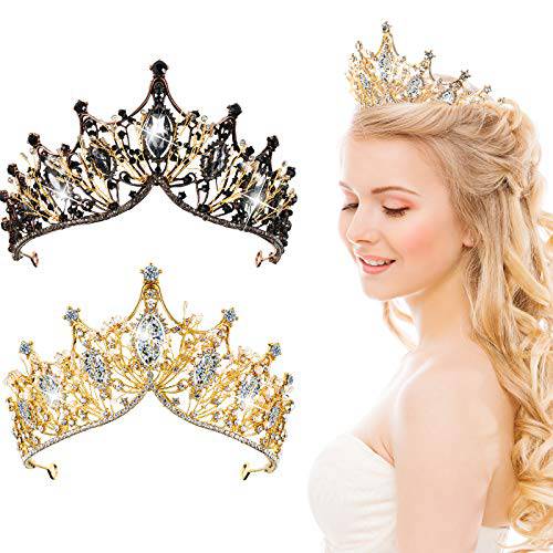 2 Pieces Baroque Queen Crown, Brides Bridesmaids Rhinestone Wedding Tiaras and Crowns Princess Crystal Headband, Wedding Festival Birthday Prom Party Hair Accessories for Women Girls (Gold and Black)