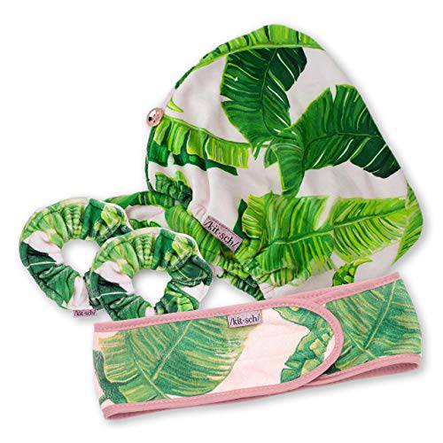 Kitsch Microfiber Spa Headband for Washing Face | Holiday Gift Microfiber Hair Towel for Drying Hair | and Microfiber Scrunchies for Frizz Free | Heatless Hair Drying | Cleanse Bundle (Palm Leaves)