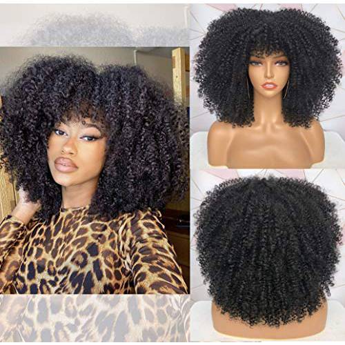 CurlCoo Short Curly Afro Wigs With Bangs for Black Women Kinky Curly Hair Wig Afro Synthetic Heat Resistant Full Wigs 14 Inch（Black）