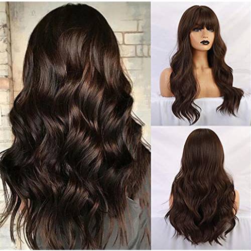 Esmee 24 Long Brown Color Synthetic Natural Wave Wigs with Neat Bangs for White/Black Women Party Wear.