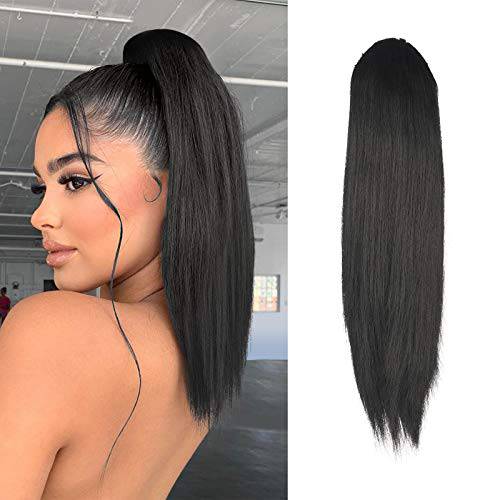 FESHFEN Straight Drawstring Ponytail Extension 16 inch Pony Tails Natural Synthetic Hairpieces Clip in Ponytails Extension for Women Girls, Natural Black