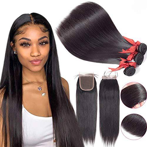 Bundles With Closure Straight (22 24 26+20 Free Part Closure) Brazilian Remy Straight 100% Unprocessed Virgin Human Hair 3 Bundles with 4x4 Lace Closure For Black Women