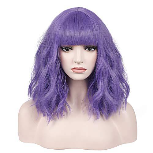 incohair 14 Inches Lavender Purple Wig with Bangs Women Girls Short Curly Wavy Bob Wig Shoulder Synthetic Party Wigs Wig Cap Included (Lavender Purple)…