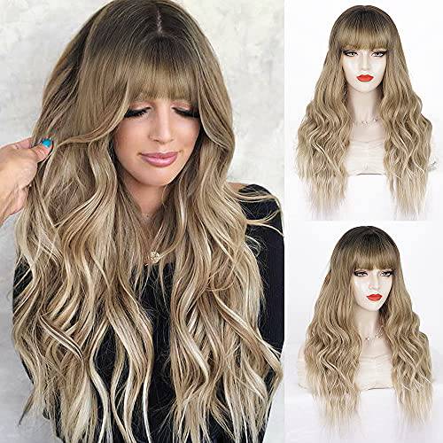 ORSUNCER Long Curly Wavy Synthetic Hair Wigs with Bangs for Women Ombre Ash Brown Blonde Wig Long Heat Resistant Hair Wigs for Daily Party Wig 26 Inches