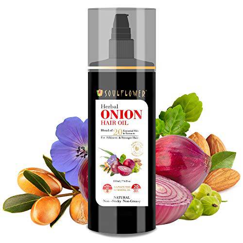 Soulflower Red Onion Hair Oil Enriched with Organic Amla For Hair Growth, Ashwagandha, Sandalwood Essential oil - 100% Pure, Preservative free Non- greasy, Cold pressed Oil Rich in Vitamin E - 220 ml