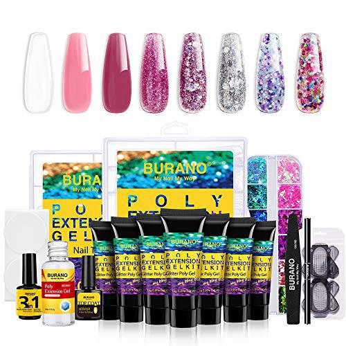 BURANO Poly Nail Extension Gel Kit – Glitter Poly Extension Nail Gel Kit 8 Colors Starter Nail Kits for Beginners Nail Salon All in one Set Nail thickening Solution