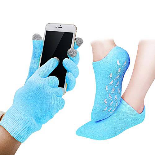 Touch Screen Moisturizing Gloves Gel Moisturizing Spa Gloves and Socks Set Gel Socks Heal Eczema Cracked Dry Skin for Repair Treatment - Blue