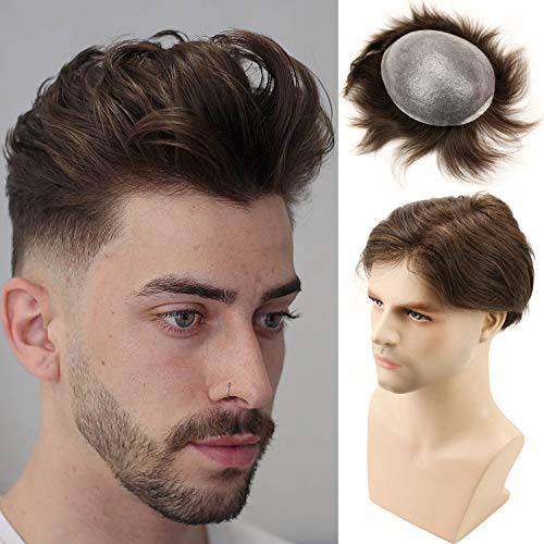 Voloria European Virgin human Hairpiece for Men’s Toupee Ultra Transparent Thin Skin PU Replacement Hair Pieces 10”x8” Base Size 4 Brown Color