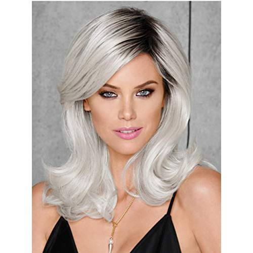 SEVENCOLORS Long Curly Grey Wigs for White Women Ombre Silver Gray Wavy Wigs with Black Root Natural Looking 18’’ Synthetic Hair Wigs for Cosplay Party Daily