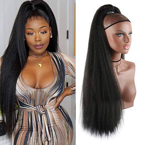 LEOSA 30 inches Natural Black Yaki Straight Drawstring Ponytail Long Hair for Women Ponytail Synthetic Hair Extensions