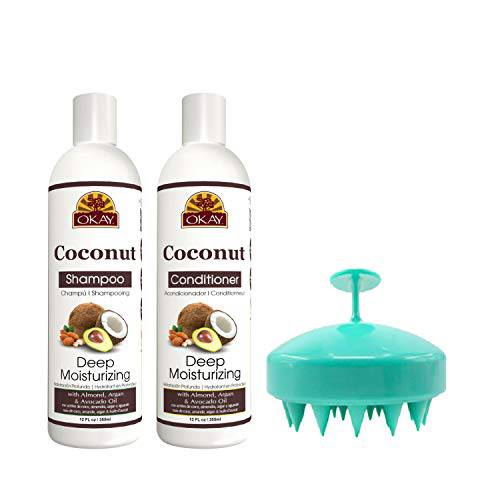 OKAY Coconut Oil Deep Moisturizing Shampoo and Conditioner with Hair Scalp Massager Brush - With Argan Oil, Almond Oil, and Avocado Oil Paraben Free Hair Products Bundle - 2 x 12 Fl Oz (355ml)