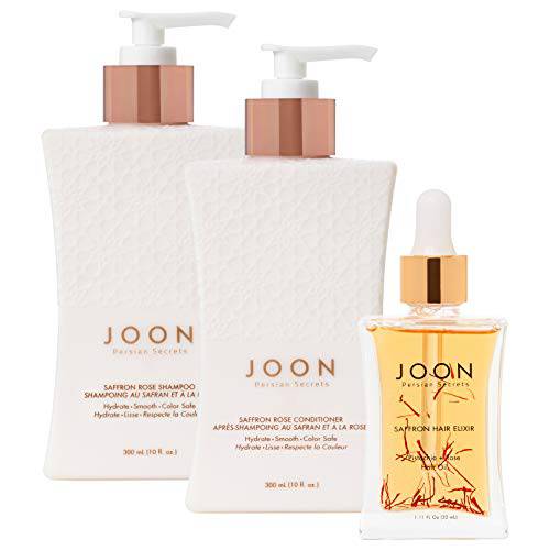 Joon Moisturizing Trio Set | 1.1oz Saffron Hair Elixir, 10.1oz Saffron Rose Shampoo and Conditioner