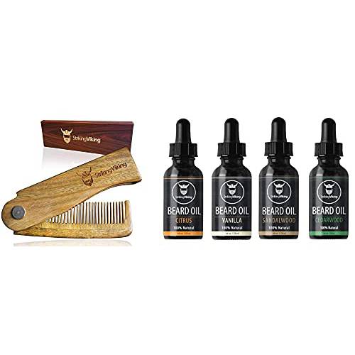 Folding Wooden Comb and 4 Pack Beard Oil