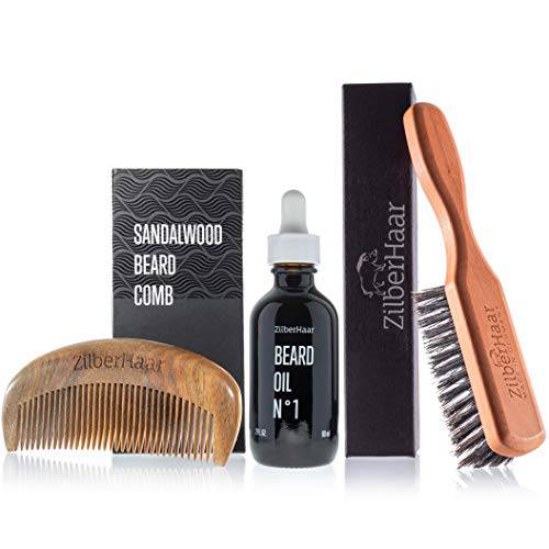 ZilberHaar Beard Grooming Pro Bundle - Regular Brush + 2oz Beard Oil + Sandalwood Beard Comb