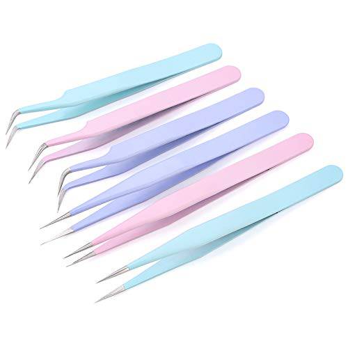 Individual Eyelash Extension Tweezers| Set of 2| High Quality Professional Stainless Steel Tweezers| Straight and Curved Tip| 3 Colors| Multi Use Tweezers| Non-magnetic| Anti-static (Blue)