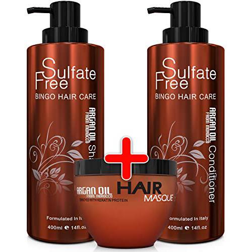 Moroccan Argan Oil Shampoo and Conditioner and Hair Mask Sulfate Free - Best for Damaged, Dry, Curly or Frizzy Hair - Thickening for Fine / Thin Hair, Safe for Color, Keratin Treated Hair