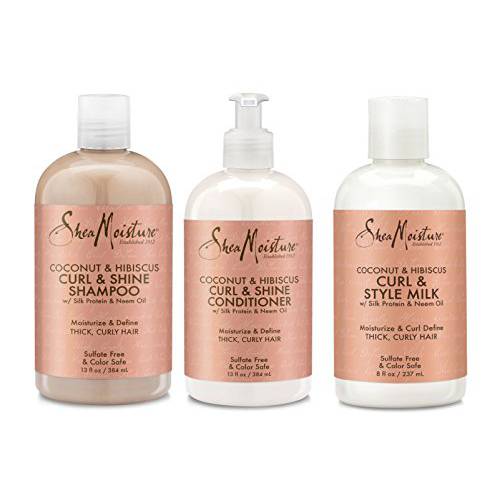 Shea Moisture Coconut and Hibiscus Curl and Shine Combination Set - Includes 13 oz. Shampoo, 13 oz. Conditioner and 8 oz. Curl and Style Milk