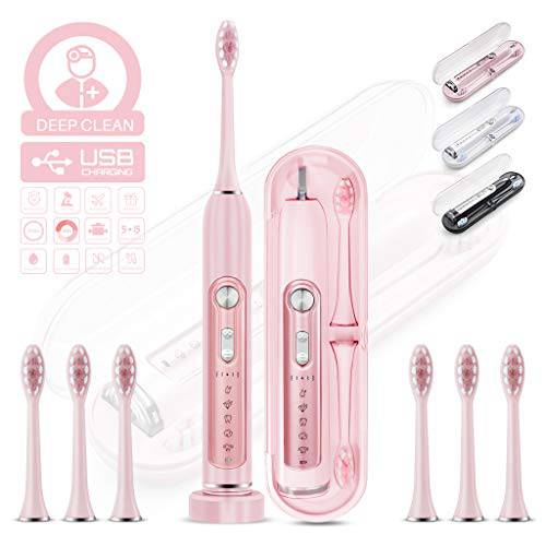 MUTTUS Premium Electric Toothbrush & Sonic Toothbrushes, T556, 5 Modes 15 Brushing Experience, 6 Brushheads, Travel Case Enable, Deep Clean, Rechargable & IP67 Waterproof (Pink)