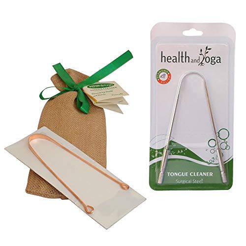 HealthAndYoga(TM) SteloSwipe Tongue Cleaner Scraper - Surgical Grade Stainless Steel (with Organic Storage Bag) and qSwipe Lite Copper Tongue Cleaner - Exquisitely Gift Wrapped