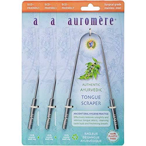 Auromere Tongue Cleaner, Ancient Oral Hygiene, Eco Friendly, Zero Waste, Stainless Steel, Eliminate Bad Breath (3 Pack)