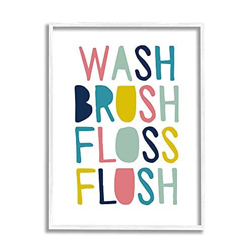 Stupell Industries Wash Brush Floss Flush Typography, Design by Border Bloom White Framed Wall Art, 24 x 30, Multi-Color