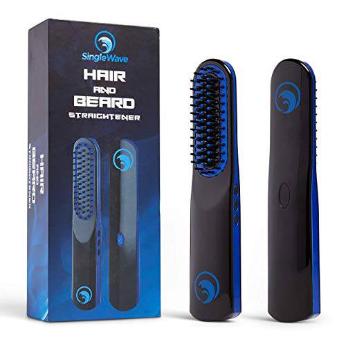 Beard Straightener, New Improved Charging Cable(USB C), Cordless Beard and Hair Straightening Comb, Rechargeable, Portable, and Durable. Beard comb for men, Grooming Accessory for Men (Black and Blue)