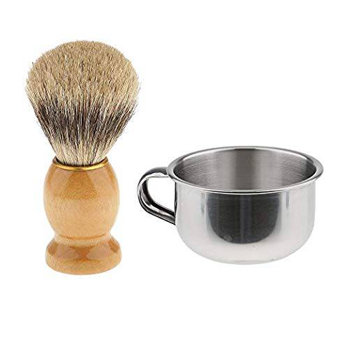 Mens Shaving Brush with Stainless Steel Shave Soap Cup Set Kit Fit for Salon Home Bathroom