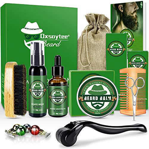 Beard Growth Kit with Beard Roller, 12-in-1 Beard Grooming Kit w/ Beard Oil, Balm, Beard Brush, Comb, Beard Shampoo/ Wash, Scissors, Ornaments, Storage Bag, E-book, Beard Care Gifts for Men Him Dad