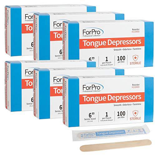 ForPro Professional Collection Senior Tongue Depressors, Large Wax Applicator Sticks, 6 Sized, Sterile, Individually Wrapped, 100 Count, Pack of 6