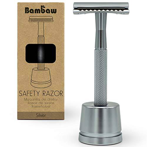 Bambaw Silver Double Edge Safety Razor with Stand for Men | Reusable Metal Razor Eco Friendly DE Razor | Safety Razors Fit All Double Edge Razor | Men’s Safety Shaving Razors | One Blade Metal Razor