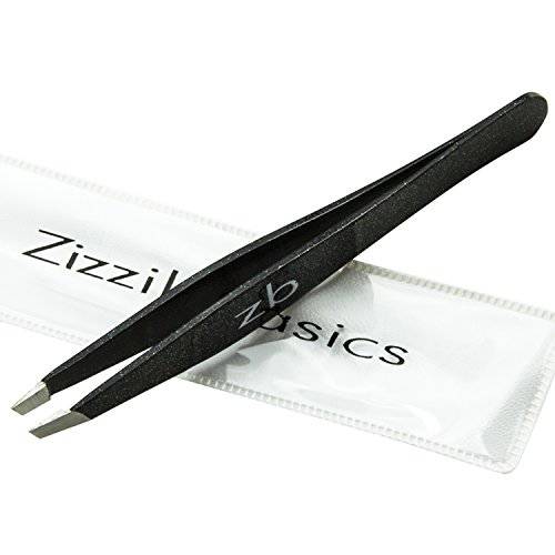 Tweezers - Surgical Grade Stainless Steel - Slant Tip for Professional Eyebrow Shaping and Facial Hair Removal - with Bonus Protective Pouch - Best Tool for Men and Women (Black)