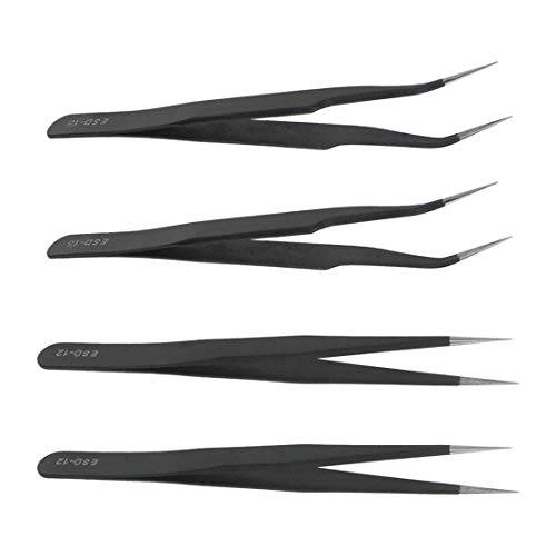 Sydien 4pcs Stainless Steel Fine Tweezers Straight & Curved Pointed Tweezers Sharp Needle Nose Pointed Tweezers For Eyelash Extension, Eyebrow Removal (Black)
