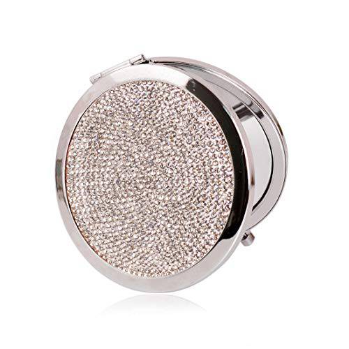 Luxurious Rhinestone Magnifying Compact Mirror 2X Magnification - 1X Mirror 2-sided,Handheld Magnified MakeUp Mirror for Purse, Pocket And Travel,Beauty Essentials (Black, platinum-plated-base)