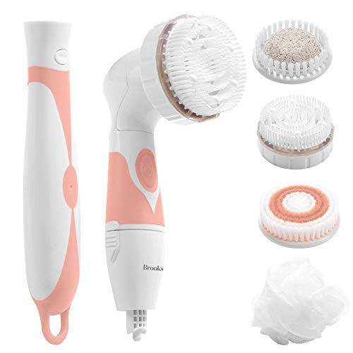 Brookstone 6 Piece Electric Body Bath Brush | Long Handled Body Scrubber and Facial Cleansing Brush | Battery Powered Shower Brush with 4 Spin Brush Heads