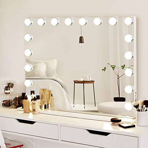 COOLJEEN 31.5x23.6-inch Large Hollywood Beauty Makeup Mirror with 18 LED Bulbs 3 Colors Lighting Mode Cosmetic Vanity Mirror with USB Charging Port 10X Magnifier for Women Girl (White,No Bluetooth)