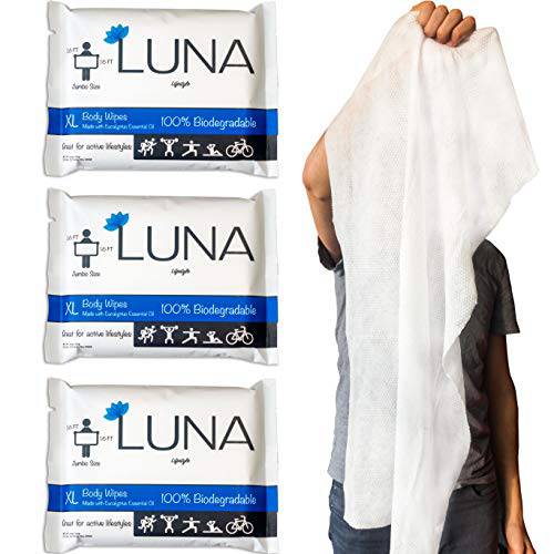 XL Wet Wipe Cleansing Body Wipes All Natural - 3 Pack Individual Pouches - Biodegradable & Unscented - No Rinse Bathing and Shower Wipe - Great for After Workout, Camping, Travel, Yoga, Gym