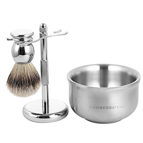 Cumberbatch Men’s Wet shaving Kit, Silvertip Badger Shaving Brush, Hand Polished Stainless Steel Shaving Bowl and Safety Razor Stand