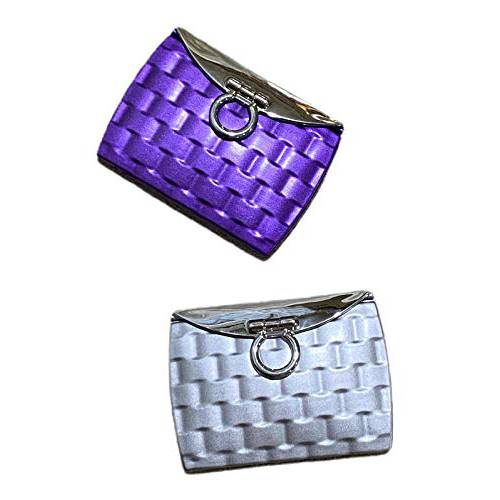 Azi Set of 2 Compact Mirrors – Purse Design Cute Double Sided with Hinge and Flap Open Style 1 Silver and 1 Purple