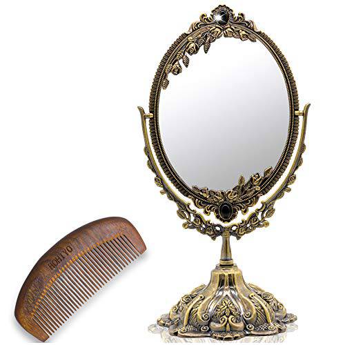 HOHIYO Vintage Makeup Desk Mirror with Wood Comb , Two Sided Swivel Tabletop Antique Oval Mirror with Metal Embossed Frame and Stand for Bathroom Bedroom Mirror (Small&Antique Bronze)