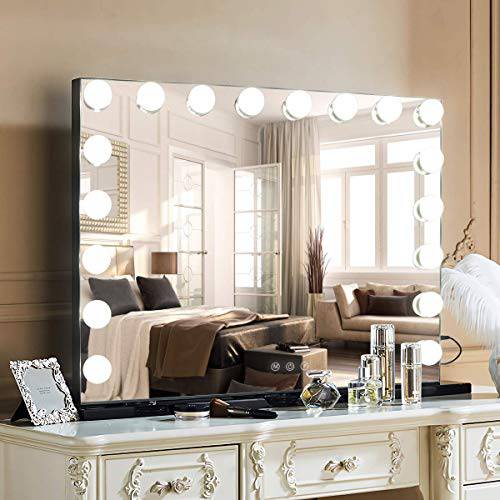 MISAVANITY Hollywood Vanity Mirror with Lights and Bluetooth Speaker, Hollywood Lighted Makeup Mirror with 18pcs Dimmable Bulbs, USB Charging and 3 Color Lighting Modes for Dressing Room & Bedroom