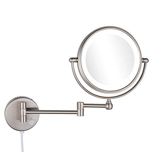DOWRY 8 Inch Wall Mounted Vanity Makeup Mirror with LED Lighted,Two-Sided 10X Magnification Mirror for Bathroom Bedroom Hotel Nickel Finish 1805D