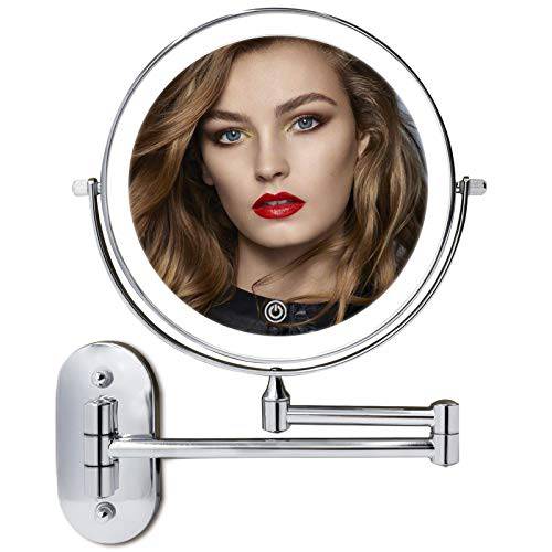 8 LED Lighted Wall Mounted Makeup Mirror Double Sided 10X Magnifying Vanity Light up Mirror for Bathroom Shaving, Dimmable LED Lights, 3 Color Modes, Extendable Arm, Touch Control, Nickel Finish