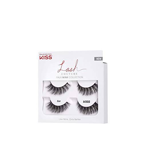 KISS Lash Couture Faux Mink False Eyelashes Double Pack, Knot-Free Lash Band, Reusable, Contact Lens Friendly, Easy To Apply, Ultrafine, Tapered, Synthetic Fake Lashes, Style Soir, 2 Pairs