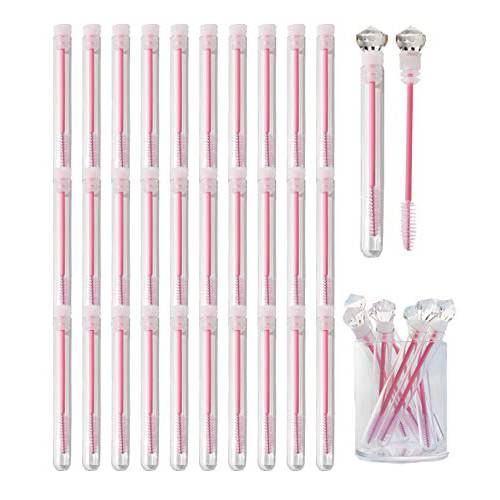 30PCS 12x100mm Clear Plastic Test Tubes with Perforated Caps, 35 Disposable Eyelash Brushes and 35 Acrylic Diamonds for DIY Makeup Mascara Wands Tubes(Pink)