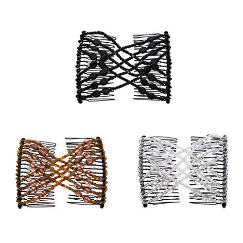 LOVEF 3Pcs Magic Hair Comb Ladies Bead Stretchy Women Hair Combs Professional Double Magic Slide Metal Comb Clip Hairpins