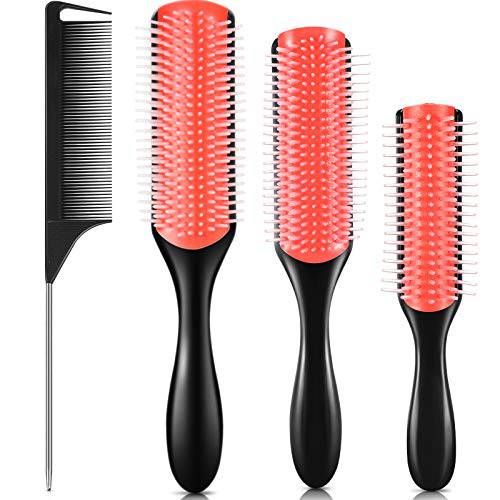 4 Pieces Cushion Nylon Bristle Brush Set, 5 Row Travel Detangling Brush, 9 Row Classic Styling Brush For Separating, Shaping, Blow Drying Natural Curly Hair Wavy Comb Woman Man Presents (Red)