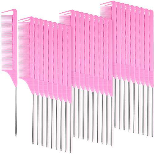 30 Pieces Parting Comb for Braids Hair Rat Tail Comb Steel Pin Rat Tail Carbon Fiber Heat Resistant Teasing Combs with Stainless Steel Pintail (Pink)