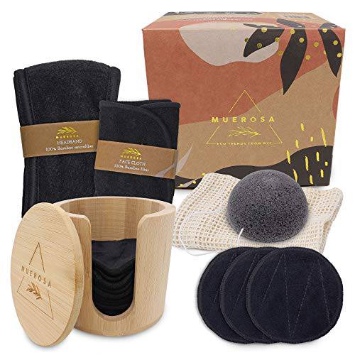 MUEROSA All in One Facial Cleansing Skincare Set | 14 pcs Reusable Bamboo Makeup Remover Pads | Konjac Sponge | Face Cloth | Adjustable Headband | Bamboo Storage Box | Laundry Bag (BLACK EDITION)