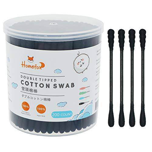 HOMEFOX Black Cotton Swabs Spiral - 200 Count Organic Cotton Buds Double Side Tightly Wrapped Charcoal Cotton Tips Paper Stick Soft Gentle Chlorine-Free Cruelty-Free, Round & Spiral (Black)