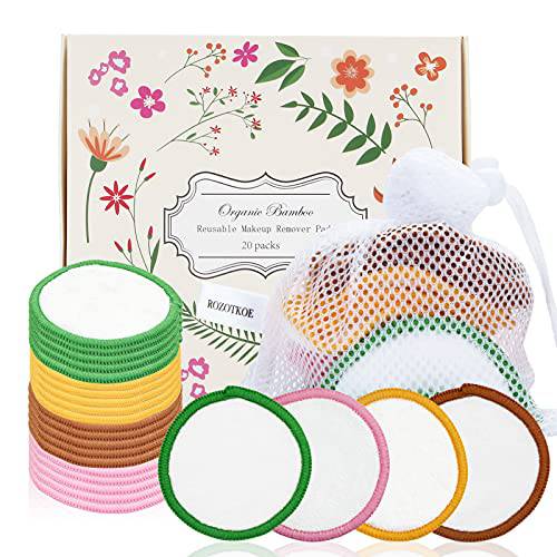20 Pack Reusable Make Up Remover Pads, Rozotkoe Portable 2-Layer Bamboo Cotton Rounds for Face Cleaning and All Types of Skin Care, Women Gift